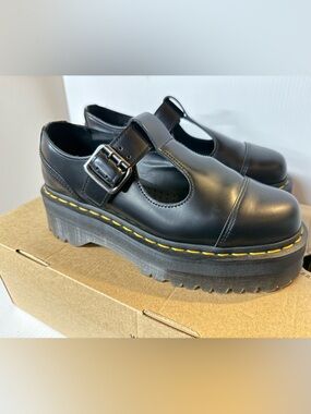 Dr. Martens Black Mary Jane Platform Clogs with Yellow Stitching